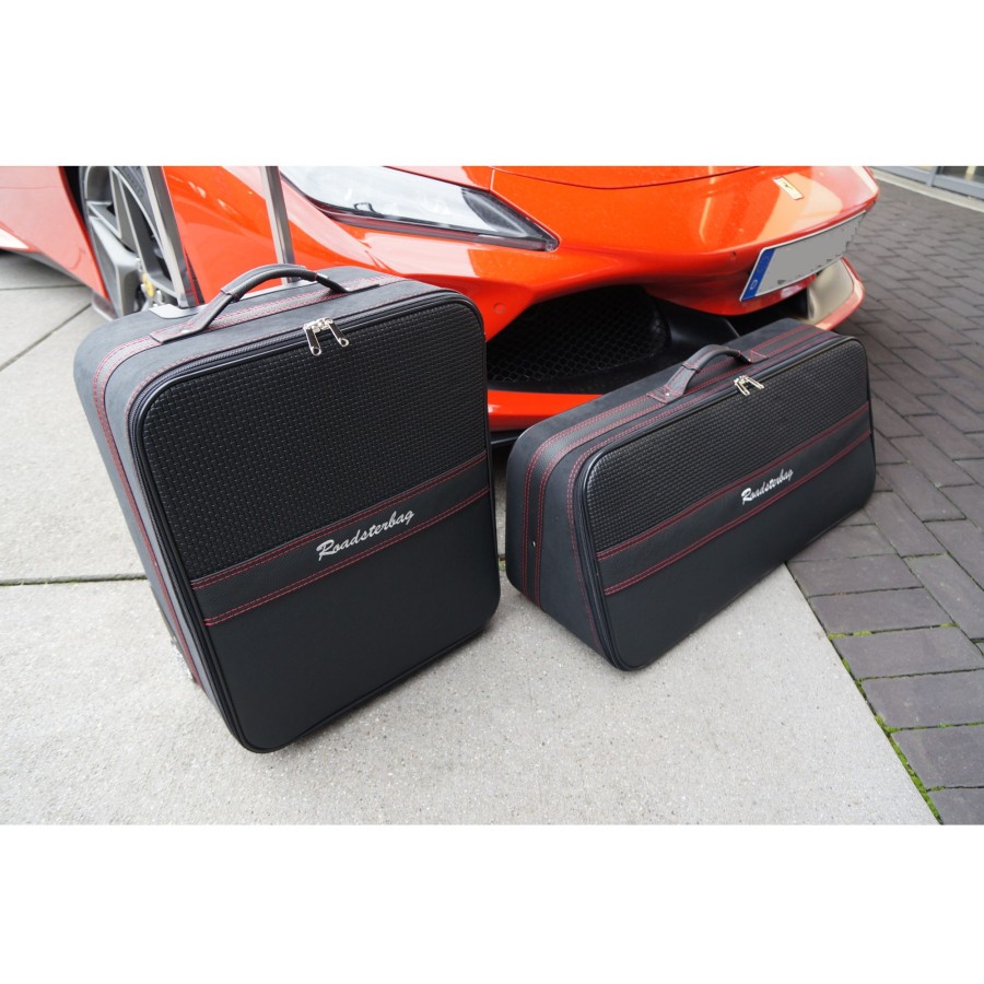 Autokoffer Roadsterbag | Ferrari F8 Tributo + F8 Spider (Inkl. 488 Pista + 458 Speziale) - 2-Tlg. Kofferset Kofferraum - Rote Naht/Futter Grau Schwarz