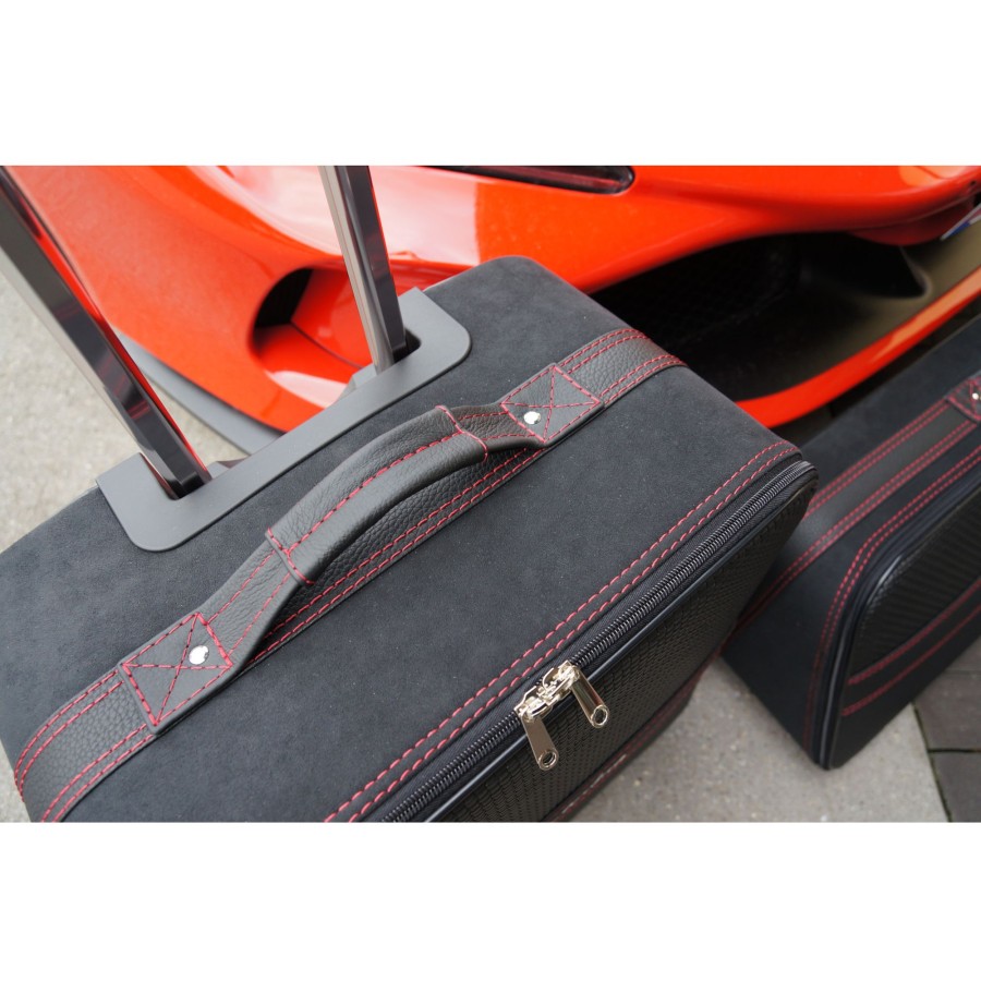 Autokoffer Roadsterbag | Ferrari F8 Tributo + F8 Spider (Inkl. 488 Pista + 458 Speziale) - 2-Tlg. Kofferset Kofferraum - Rote Naht/Futter Grau Schwarz